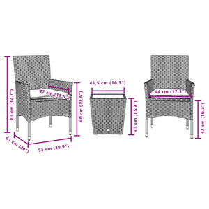 vidaXL 3-Piece Bistro Set with Cushions Grey Poly Rattan and Glass