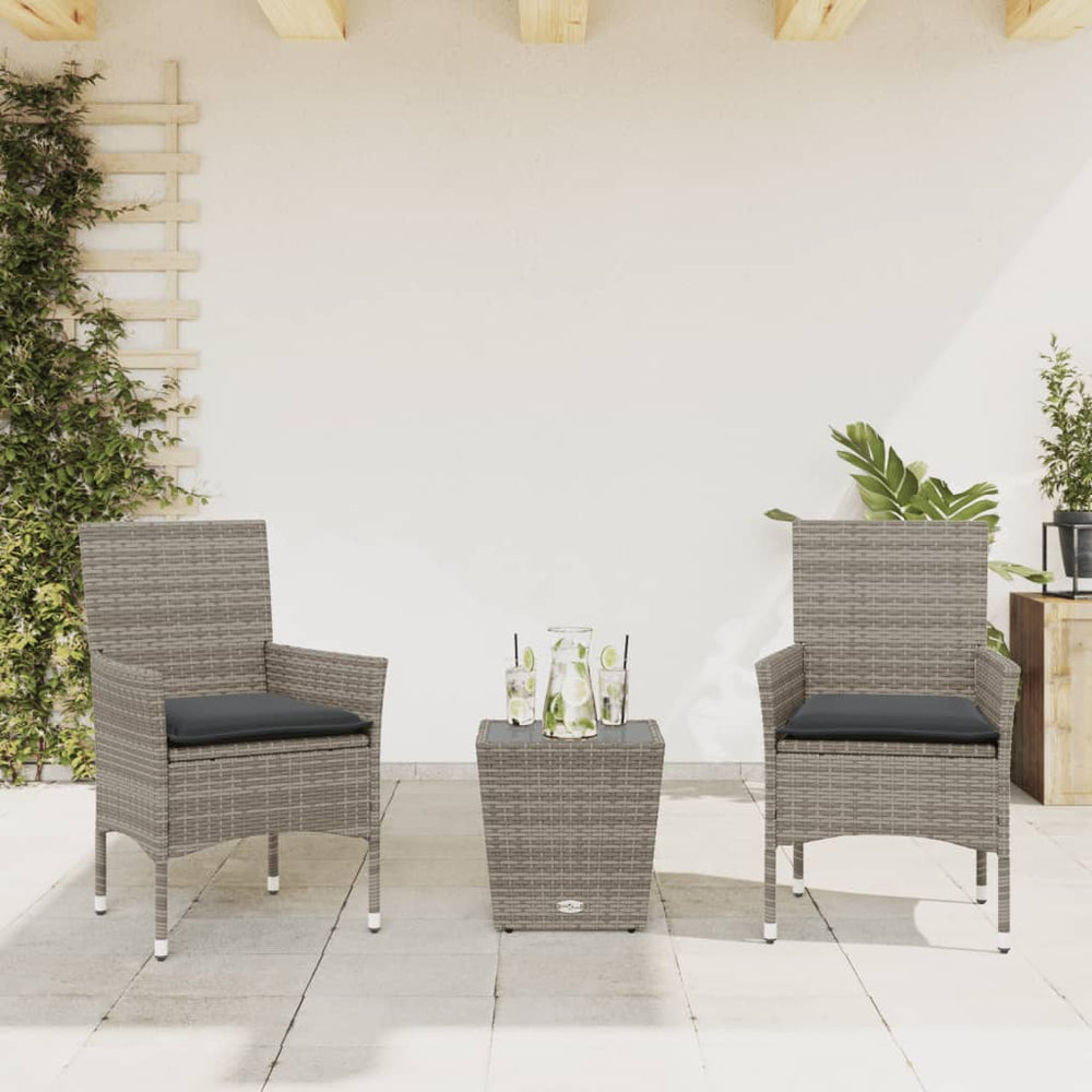 vidaXL 3-Piece Bistro Set with Cushions Grey Poly Rattan and Glass