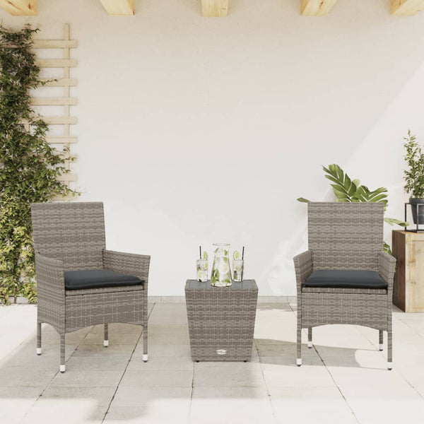 vidaXL 3-Piece Bistro Set with Cushions Grey Poly Rattan and Glass
