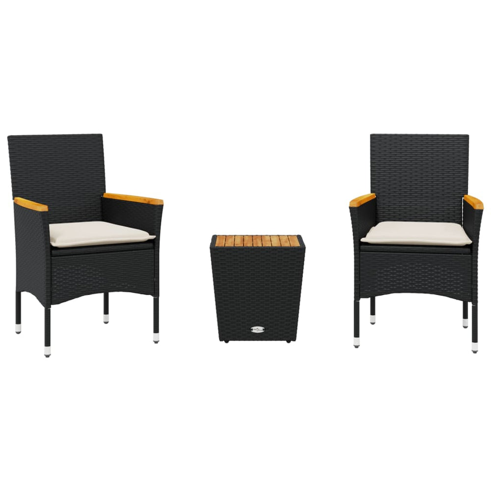 vidaXL 3-Piece Bistro Set with Cushions Black Poly Rattan and Glass