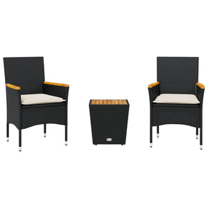 vidaXL 3-Piece Bistro Set with Cushions Black Poly Rattan and Glass