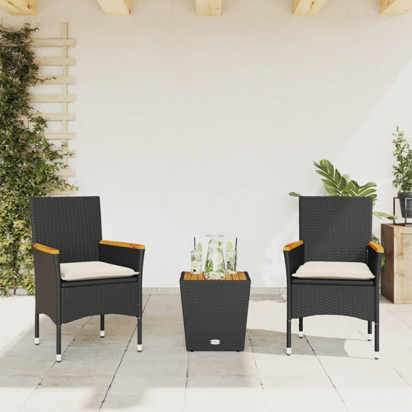vidaXL 3-Piece Bistro Set with Cushions Black Poly Rattan and Glass