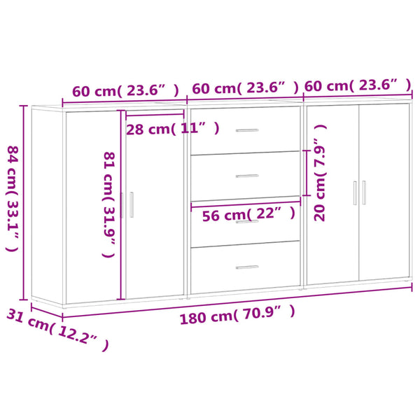 vidaXL Sideboards 3 pcs. Concrete Grey 60x31x84 cm Engineered Wood
