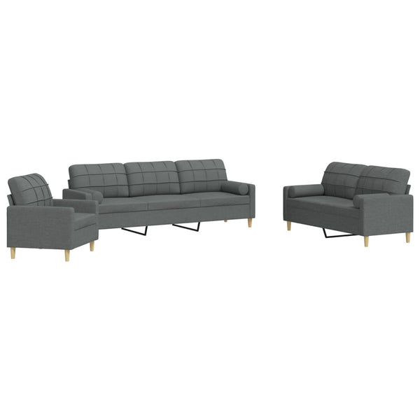 vidaXL 3-Piece Sofa Set with Throw Pillows Dark Grey Fabric
