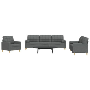 vidaXL 3-Piece Sofa Set with Throw Pillows Dark Grey Fabric