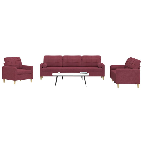 vidaXL 3-Piece Sofa Set with Decorative Pillows Wine Red Fabric