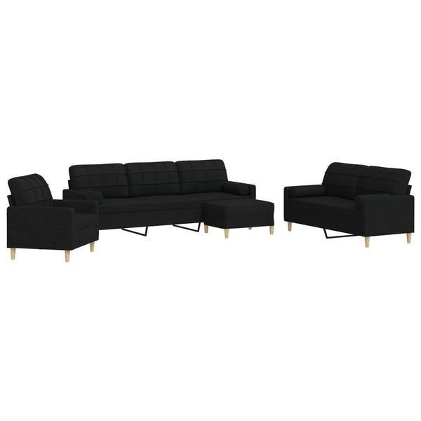 vidaXL 4-Piece Sofa Set with Footstool & Decorative Pillows Black Fabric