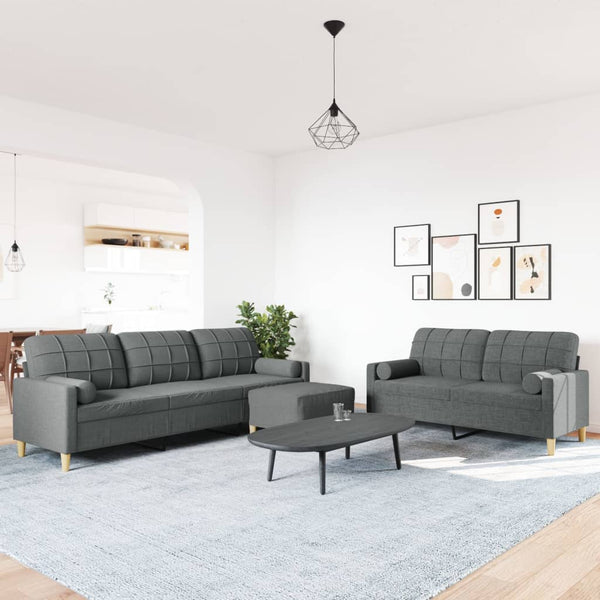 vidaXL 3-Piece Sofa Set with Footstool & Decorative Pillows Dark Grey Fabric