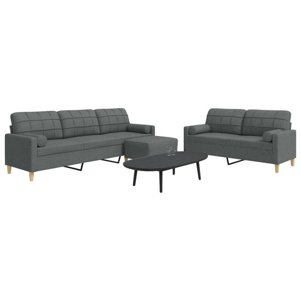 vidaXL 3-Piece Sofa Set with Footstool & Decorative Pillows Dark Grey Fabric