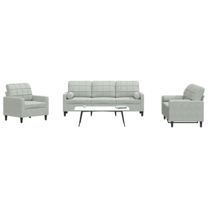 vidaXL 3-Piece Sofa Set with Cushions and Bolsters Light Grey Velvet