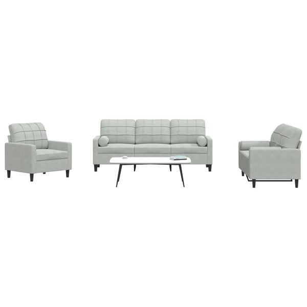 vidaXL 3-Piece Sofa Set with Cushions and Bolsters Light Grey Velvet