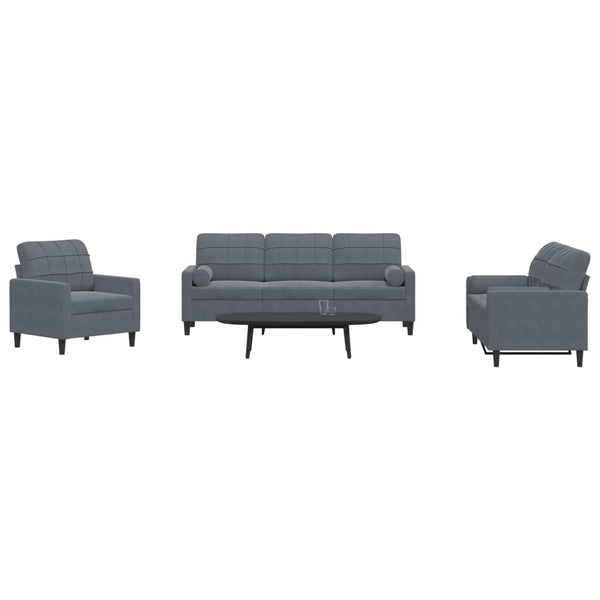 vidaXL 3-Piece Sofa Set with Cushions and Bolsters Dark Grey Velvet