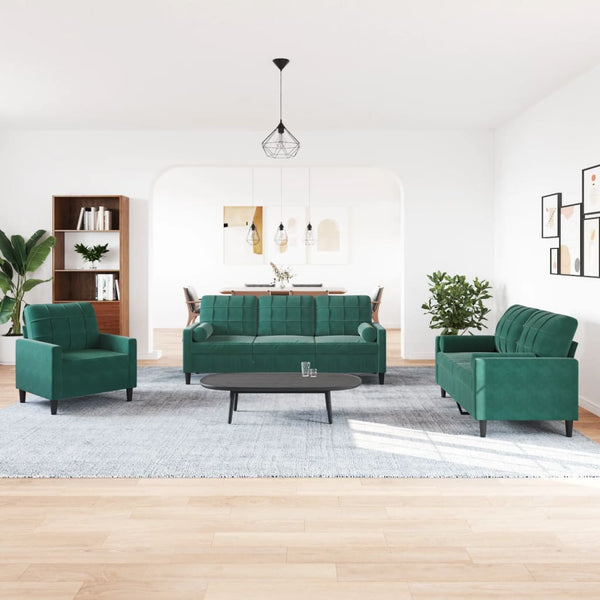 vidaXL 3-Piece Sofa Set with Cushions and Bolsters Dark Green Velvet
