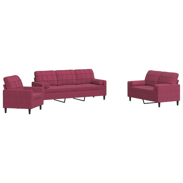 vidaXL 3-Piece Sofa Set with Cushions and Bolsters Wine Red Velvet