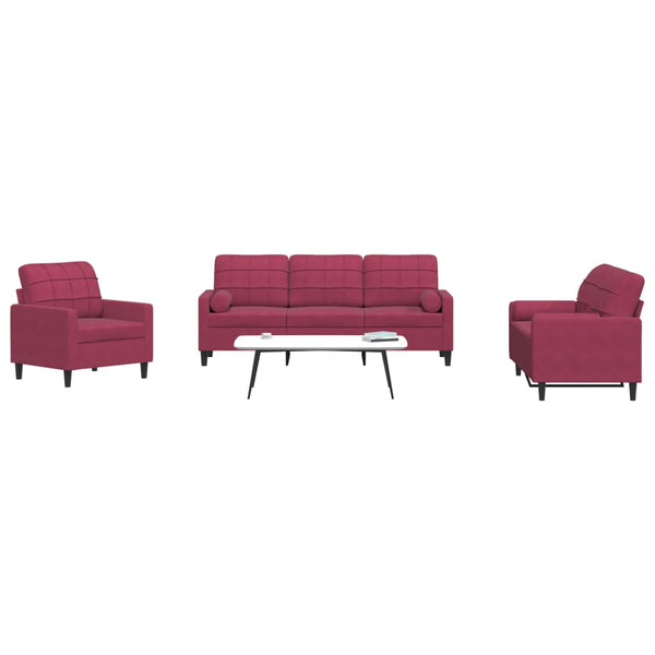 vidaXL 3-Piece Sofa Set with Cushions and Bolsters Wine Red Velvet