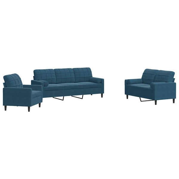 vidaXL 3-Piece Sofa Set with Cushions and Bolsters Blue Velvet