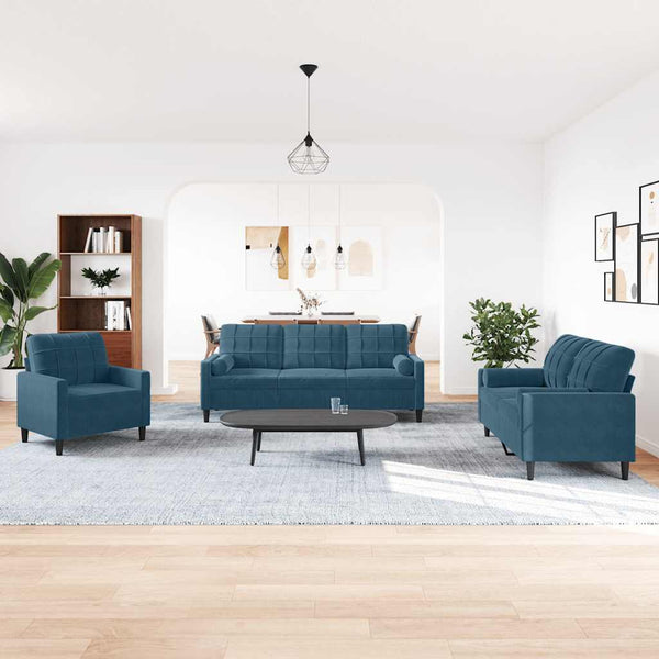 vidaXL 3-Piece Sofa Set with Cushions and Bolsters Blue Velvet