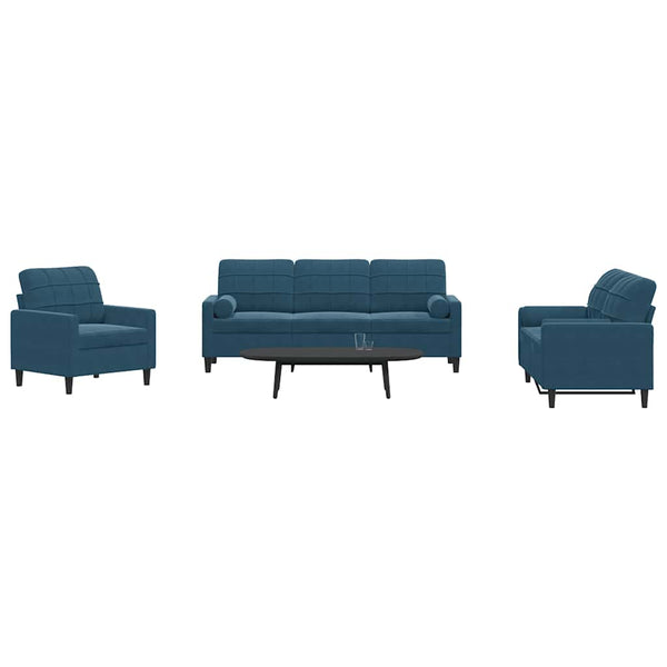 vidaXL 3-Piece Sofa Set with Cushions and Bolsters Blue Velvet