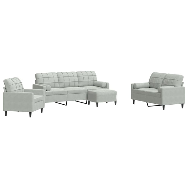 vidaXL 4-Piece Sofa Set with Cushions and Bolsters Light Grey Velvet