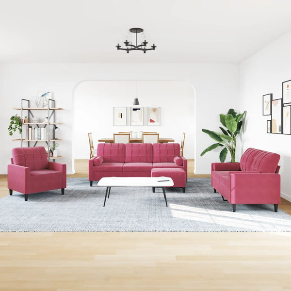 vidaXL 4-Piece Sofa Set with Cushions and Bolsters Wine Red Velvet