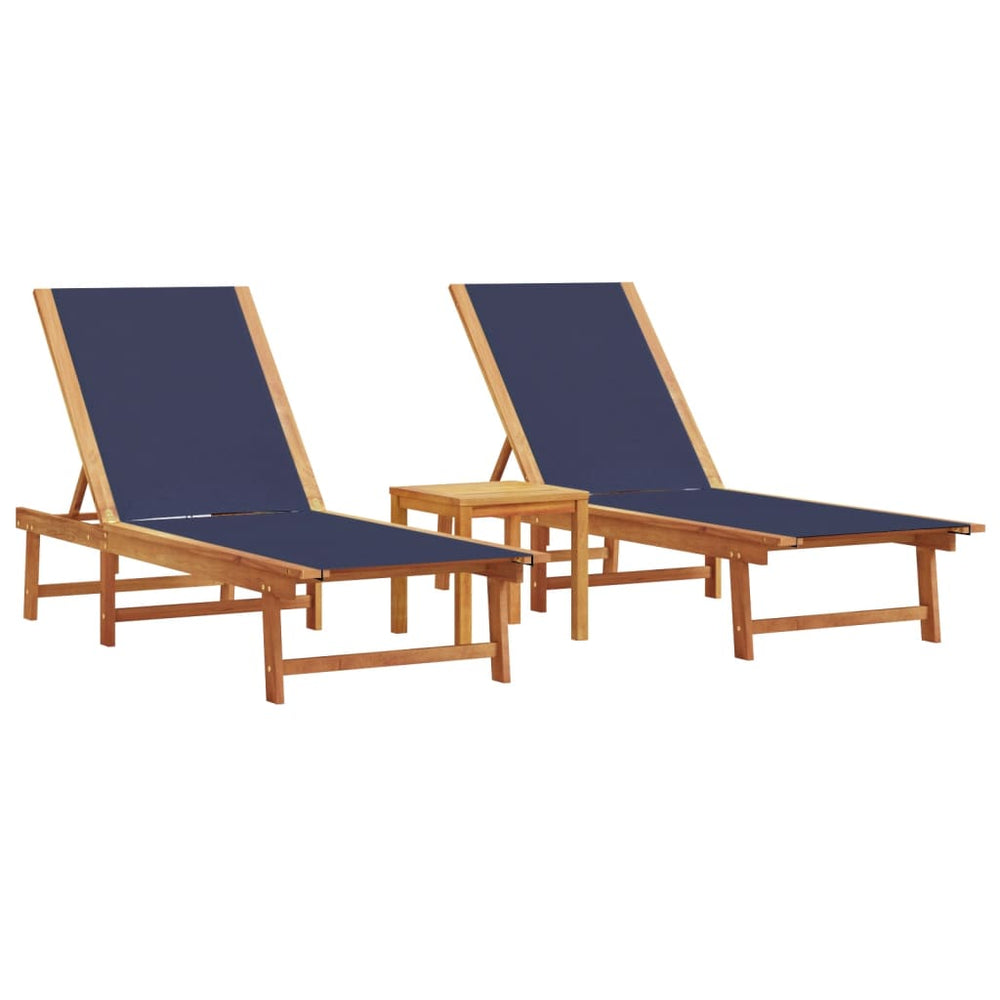 vidaXL Sun Loungers 2 pcs. with Table Blue Solid Acacia Wood Textilene