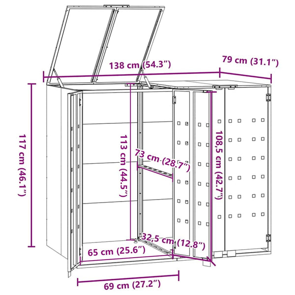 vidaXL Dustbin Shed for 2 Bins Black 138x79x117 cm Steel