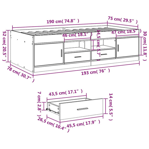 vidaXL Day Bed with Drawers without Mattress Concrete Grey 75x190 cm