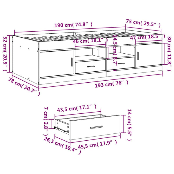 vidaXL Day Bed with Drawers without Mattress Smoked Oak 75x190 cm