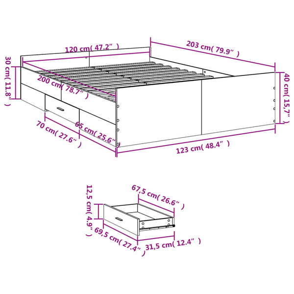 vidaXL Bed Frame with Drawers Concrete Grey 120x200 cm Engineered Wood