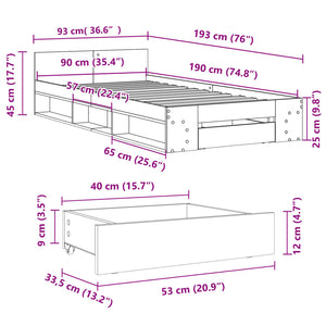 vidaXL Bed Frame with Drawer Concrete Grey 90x190 cm Engineered Wood