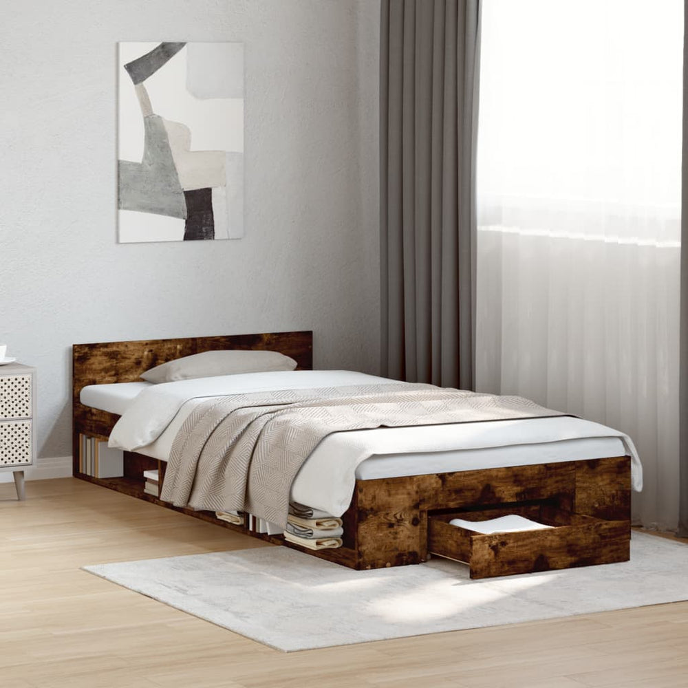vidaXL Bed Frame with Drawer Smoked Oak 90x190 cm Engineered Wood
