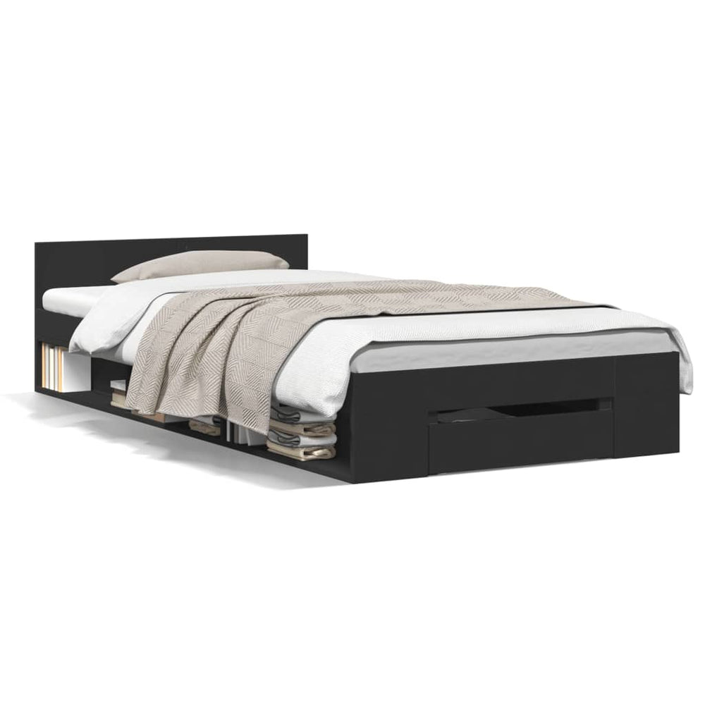 vidaXL Bed Frame with Drawer Black 100x200 cm Engineered Wood