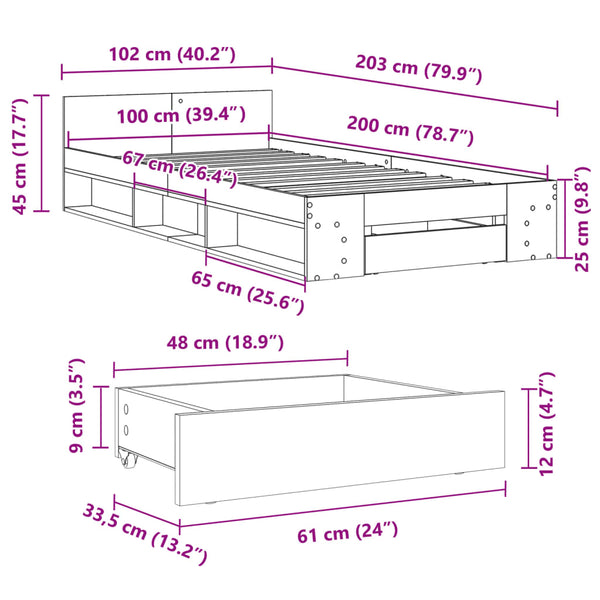 vidaXL Bed Frame with Drawer Black 100x200 cm Engineered Wood