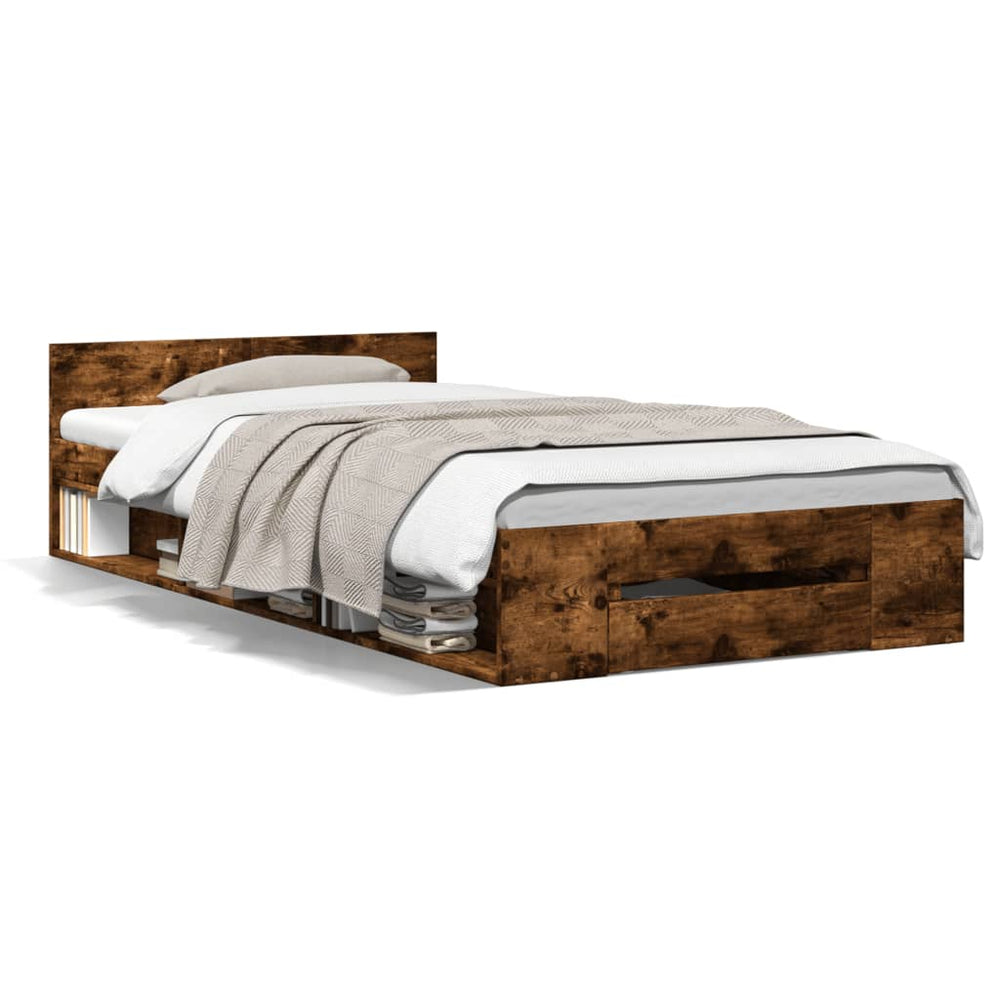 vidaXL Bed Frame with Drawer Smoked Oak 100x200 cm Engineered Wood