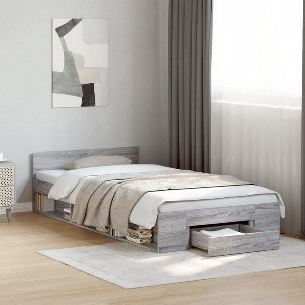 vidaXL Bed Frame with Drawer Grey Sonoma 90x200 cm Engineered Wood