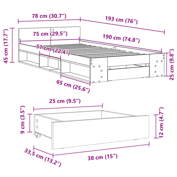 vidaXL Bed Frame with Drawer Sonoma Oak 75x190 cm Engineered Wood