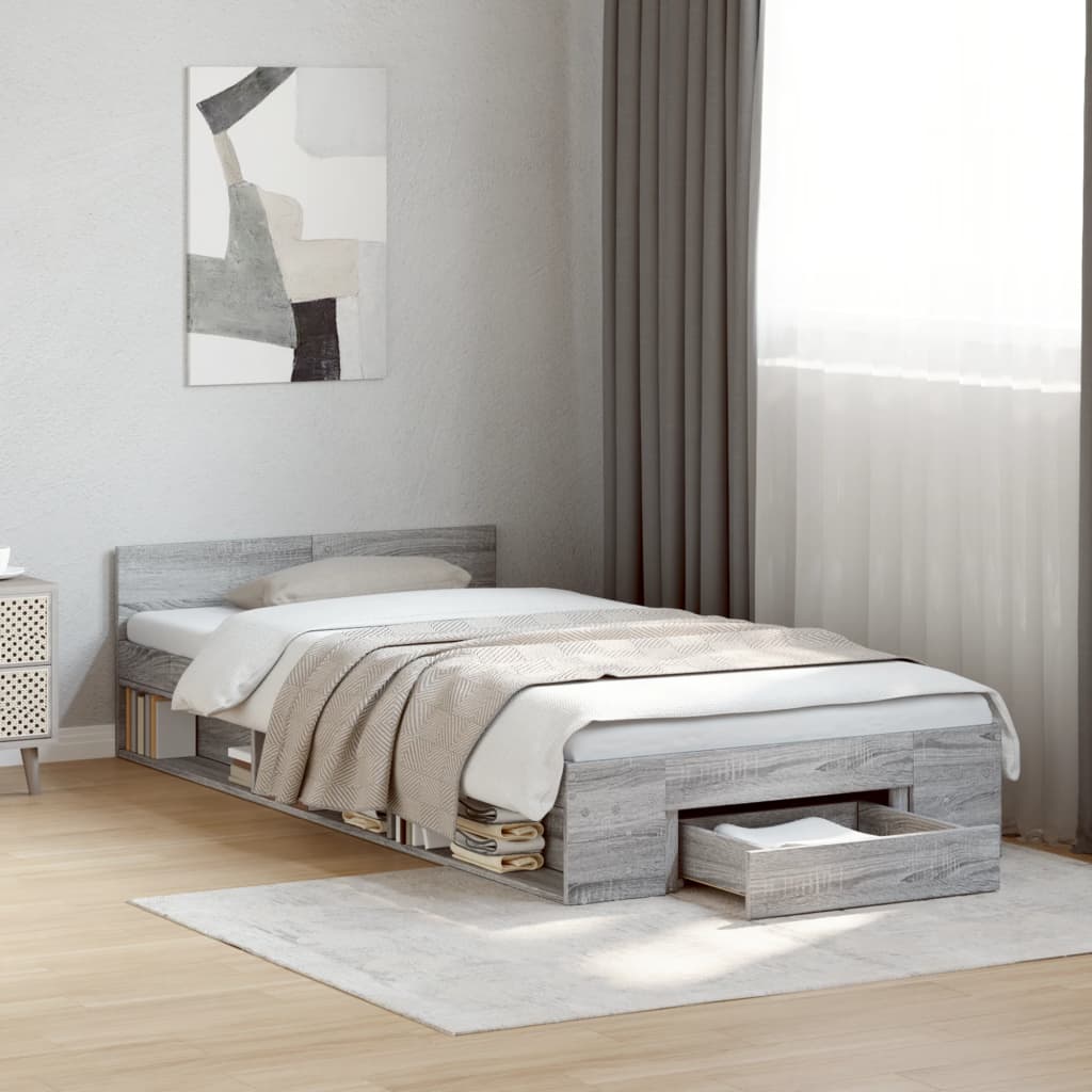 vidaXL Bed Frame with Drawer Sonoma Grey 75x190 cm Engineered Wood