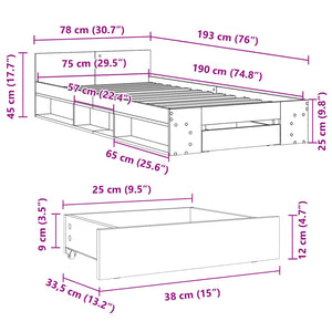 vidaXL Bed Frame with Drawer Brown Oak 75x190 cm Engineered Wood