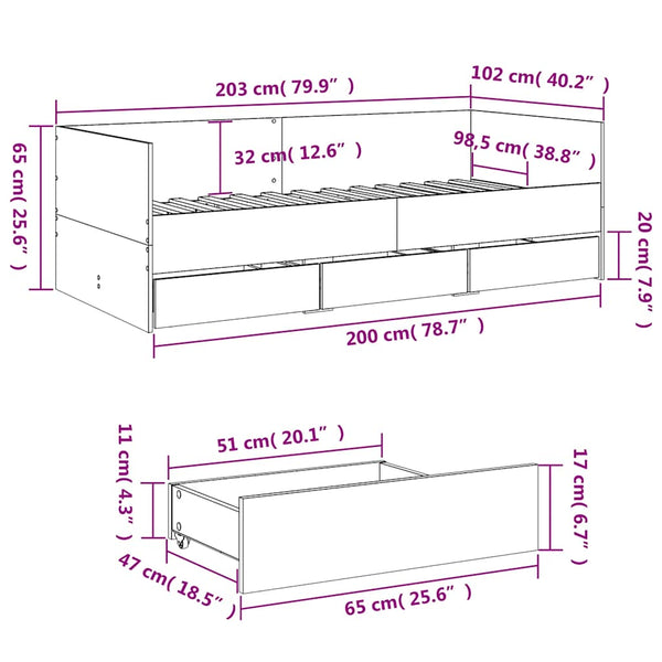 vidaXL Day Bed with Drawers without Mattress Sonoma Oak 100x200 cm