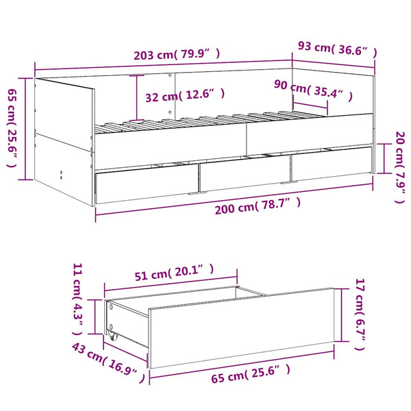 vidaXL Day Bed with Drawers, No Mattress, Black 90x200 cm