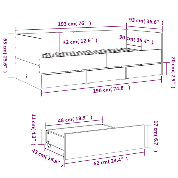 vidaXL Day Bed with Drawers without Mattress Smoked Oak 90x190 cm