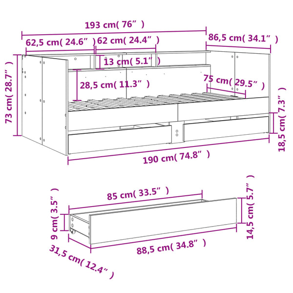 vidaXL Day Bed with Drawers without Mattress 75x190 cm