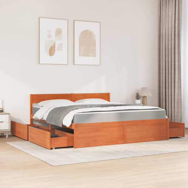 vidaXL Bed with Drawers and Mattress Waxed Brown 180x200 Solid Wood