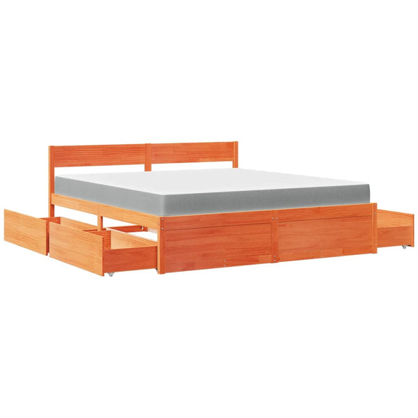 vidaXL Bed with Drawers and Mattress Waxed Brown 180x200 Solid Wood