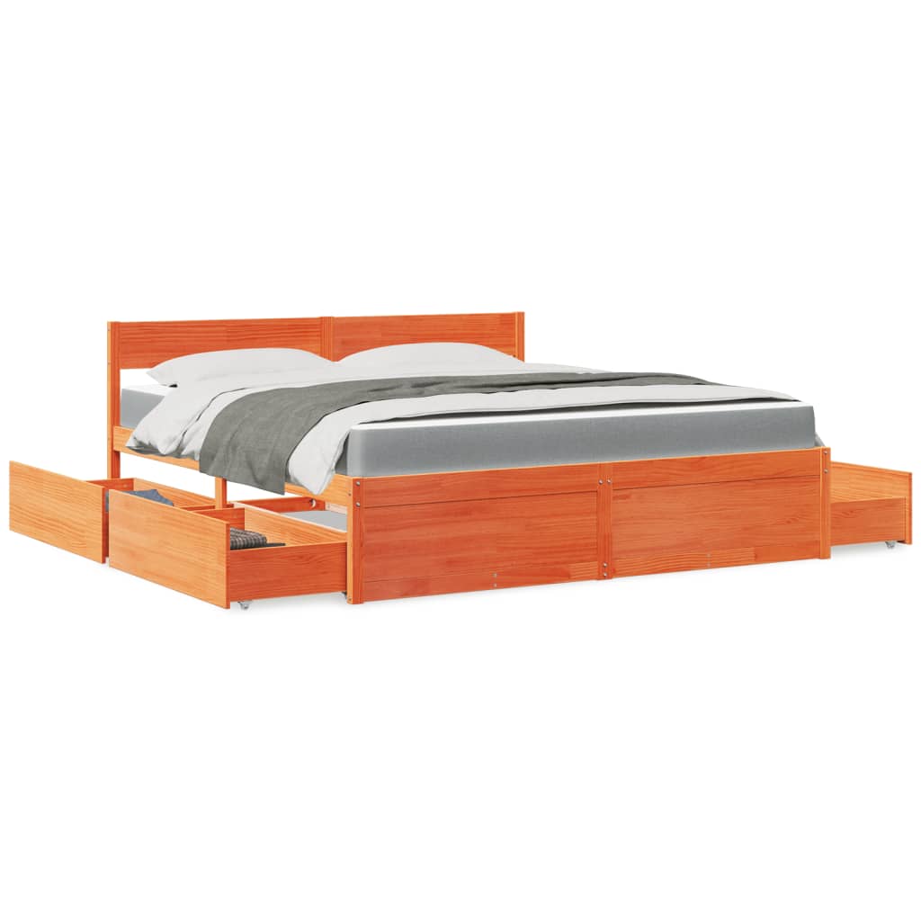 vidaXL Bed with Drawers and Mattress Waxed Brown 180x200 Solid Wood