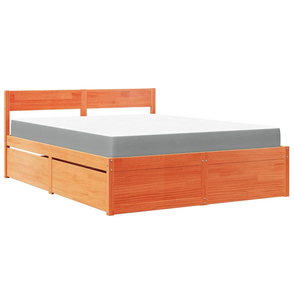 vidaXL Bed with Drawers and Mattress Waxed Brown 160x200 Solid Wood
