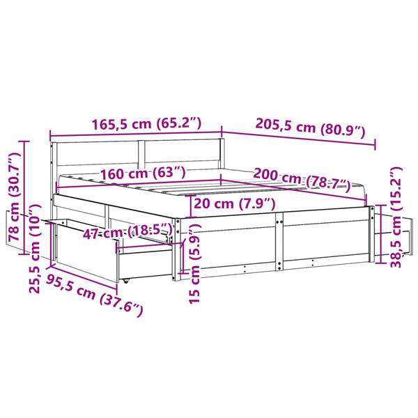 vidaXL Bed with Drawers and Mattress Waxed Brown 160x200 Solid Wood