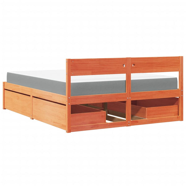 vidaXL Bed with Drawers and Mattress Waxed Brown 160x200 Solid Wood