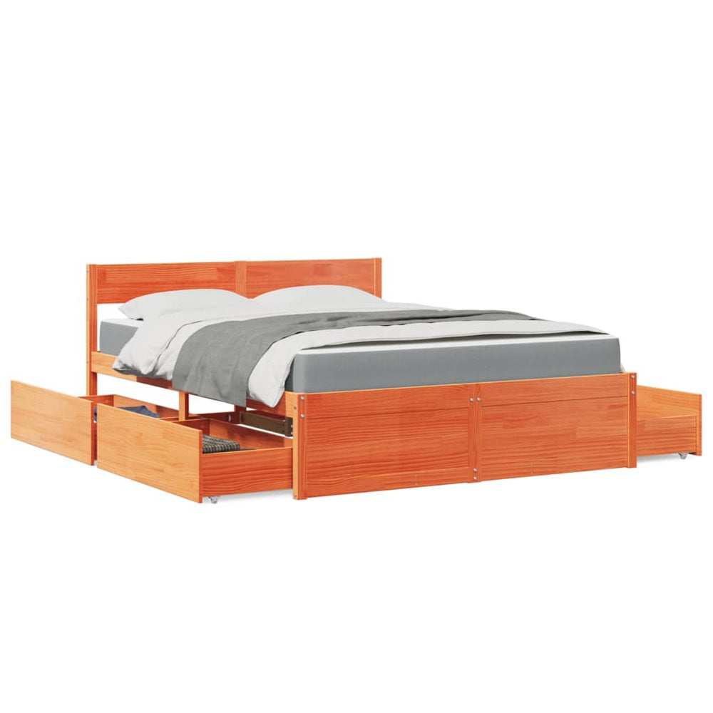 vidaXL Bed with Drawers and Mattress Waxed Brown 160x200 Solid Wood