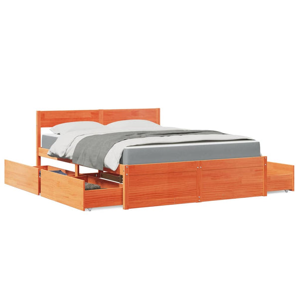 vidaXL Bed with Drawers and Mattress Waxed Brown 160x200 Solid Wood